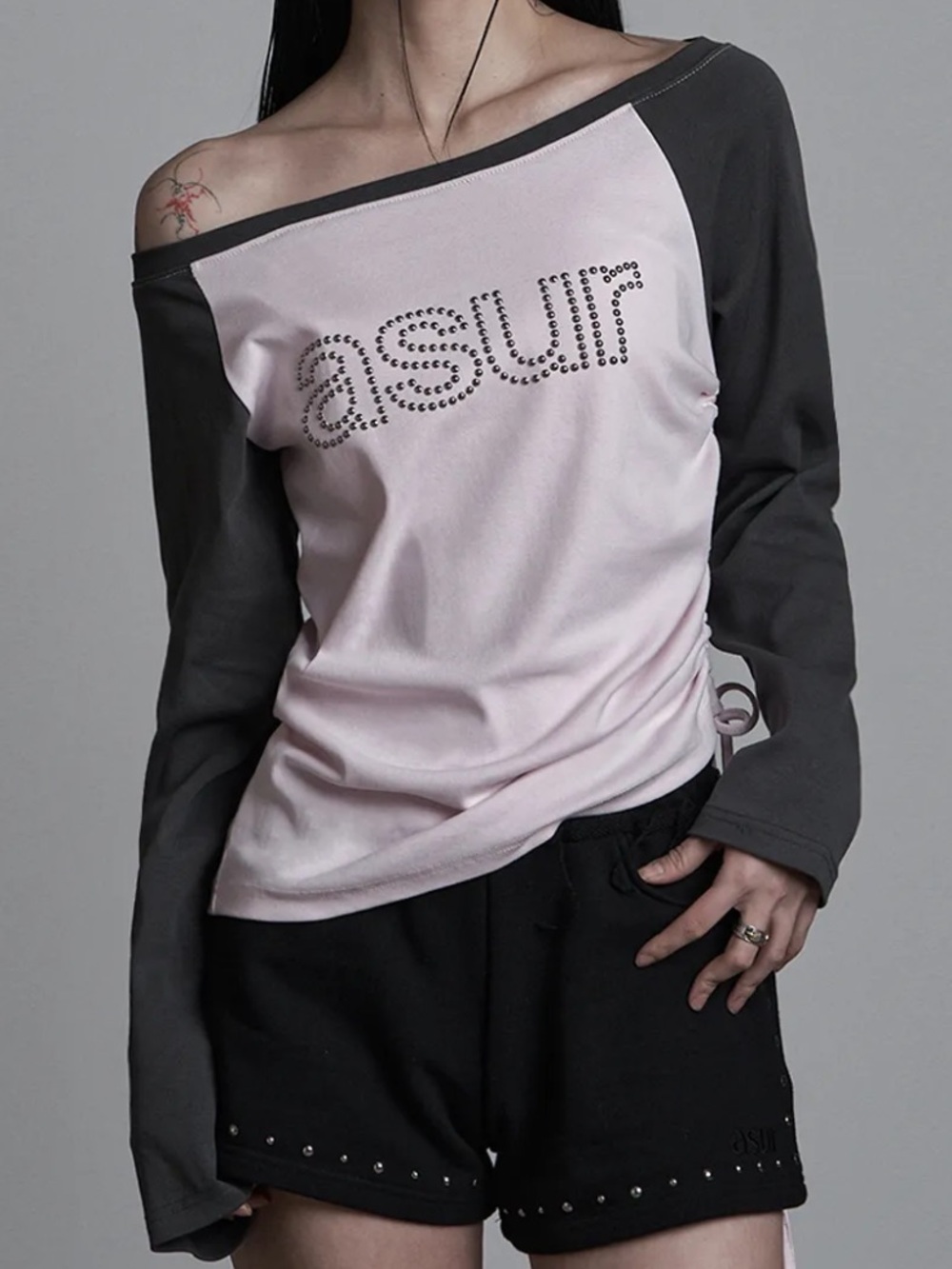 MUSINSA ASUR Boat Neck Shirring Studded Top